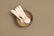 Biodegradable cutlery spoon, forks, coconut bowl on neutral brown background