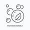 Biodegradable flat line icon. Vector outline illustration of bubbles and leaf. Black thin linear pictogram for eco