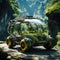 Biofuel-powered vehicle depicted in a picturesque setting