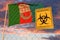 Biohazard coronavirus sign against flying flag of Liguria, a region of Italy. Quarantine related 3D rendering