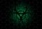 Biohazard dark green symbol behind mesh metal