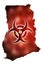 Biohazard sign against the background of a contour map of Ghana with a red glow. The concept of a new outbreak of diseases and