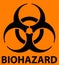 Biohazard symbol with warning text isolated on orange background.