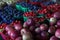 Biologic, natural cultivated apples on a market counter. Fruits from the farmers market