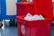 Biological risk waste disposed of in the red trash bag at a operating room