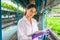 Biologist checking and recording growing of hydroponic vegetable