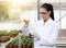 Biologist with test tube in greenhouse