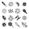 Biology diseases virus and mold bacteria hygiene icon. Biological disease and immune black icons vector set