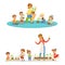 Biology lesson in kindergarten, children looking at plant seedlings. Cartoon detailed colorful Illustrations isolated on