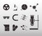 Biology science laboratory flask mortar nuclear medicine element line icons set style