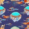 Bioluminescence deep underwater sea animals.Vector semless pattern.  Jellyfish, octopus