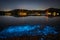 Bioluminescence glow in the bay nightscape with boats