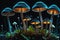 Bioluminescent Enchantment: Translucent Fluorescent Mushrooms Sprouting on a Pitch-Black Background, Caps and Stems Aglow