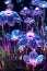 Bioluminescent flower garden. Glowing floral blue and purple neon plants. Spring nighttime alien plants.