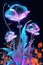 Bioluminescent flower garden. Glowing floral blue and purple neon plants. Spring nighttime alien plants.