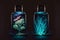 Bioluminescent fluid-preserved species in glass jars, AI Generative