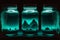 Bioluminescent fluid-preserved species in glass jars, AI Generative