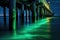 bioluminescent waves gently lapping at a piers pilings