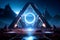 Bioluminicent neom glowing stargate in front of a pyramid, cinematic