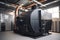 biomass boiler heating a modern office with sleek design and minimalist aesthetics