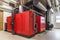 biomass boiler heating a modern office with sleek design and minimalist aesthetics