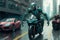 A biomechanical being speeding on a cutting-edge motorbike through a high-tech metropolis. Fantasy concept , Illustration painting