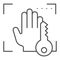 Biometric hand scanning and key thin line icon. Palmprint idendification vector illustration isolated on white. Hand