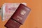 Biometric russian passport and yuan. Tourism, travel and international relations concept