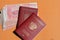 Biometric russian passport and yuan. Tourism, travel and international relations concept