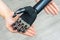 Bionic hand. Modern technology prosthetic limbs. Manufacturing of artificial limbs from high-strength carbon