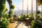 Biophilic design in a minimalist, white interior with plants. Sunlight fills the spacious, airy rooms. View of the city from the