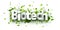 Biotech sign over cut out green foil ribbon confetti background