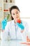 Biotechnology engineer examining genetic modification apple