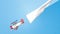 Biplane in a blue sky with a white blank banner. 3D rendering