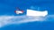 Biplane in a blue sky with a white blank banner. 3D rendering