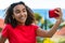 Biracial Mixed Race African American Teen Girl Taking Selfie By The Sea