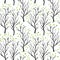Birch or aspen brown trees in spring with small green leaves on white seamless pattern, vector