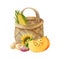 Birch bark basket with corn cob inside and vegetables around it. Watercolor illustration, hand made clipart.