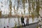 Birch blooms in the park at the Drama Theater. The background is blurred.