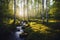 Birch forest and mountain creek, tranquil forest landscape in spring, generative ai