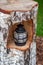 Birch stump with a recess in which the lamp stands.