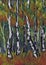 Birch trees in the autumn forest closeup. Hand drawn oil pastel on paper texture. Raster