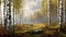 Birch Trees In A Foggy Landscape Painting