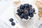 Bircher muesli with fresh blueberries, closeup