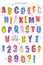 Bird alphabet letters and numbers. Bright colorful letters and numerals with eyes, beaks and wings cute cartoon vector