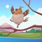 Bird on branch. happy sparrow sing song on tree outdoor cartoon background