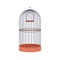 Bird cage. Closed locked empty birdcage. Wired cell house, corded home of round shape, wooden perch. Flat graphic vector