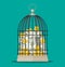 Bird cage full of gold coins and banknotes.