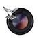 Bird and camera lens on white