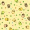 Bird chicks. Amusing cute funny kids. Duckling and owl. Parrot and sparrow. Background picture. Seamless yellow pattern